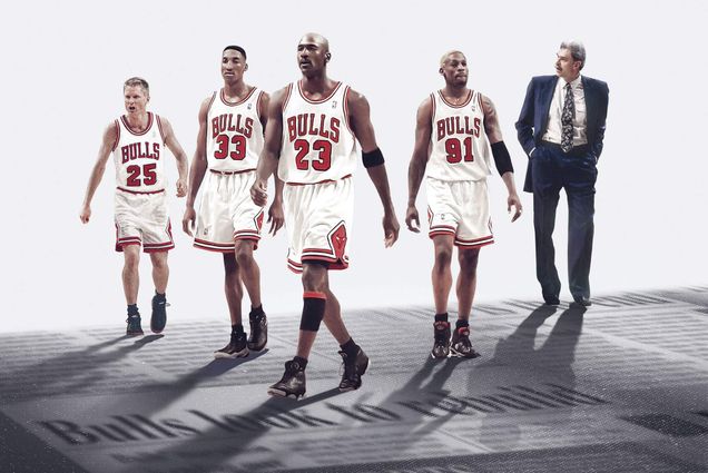 Series poster for The Last Dance, ESPN's sports documentary mini-series about the career of Michael Jordan (pictured middle). Bulls players and a coach are shown around him.