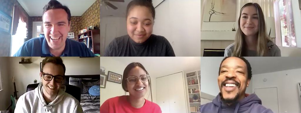 Screenshot of zoom interview. Russell Hornsby joins "From a Distance" Interviewer Maya Malekian and producers on Zoom to film his interview segment Top Row: Nick McCool (COM '20), Malaika Moyer (COM '21), Maya Malekian (COM '20) Bottom Row: Guy Jackson (COM '20), Naba Khan (COM '20), Russell Hornsby (CFA '96).