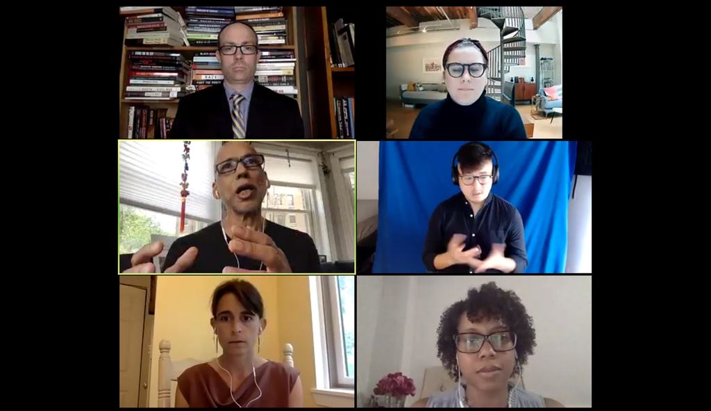 A screenshot from the Inspiring Justice Leadership at BU: Teaching, Research & Practice panel at BU's Day of Collective engagement. On screen are Cati Connell, Andre de Quadros, Jessica Hamilton, Spencer Piston, Sarah Sherman-Stokes, and an ASL interpreter.