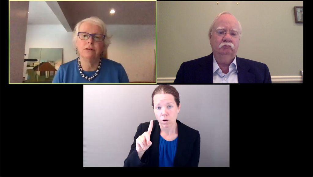 A screenshot of BU President Robert A. Brown and University Provost and Chief Academic Officer Jean Morrison along with an ASL interpreter during the opening remarks for BU's Day of Collective Engagement