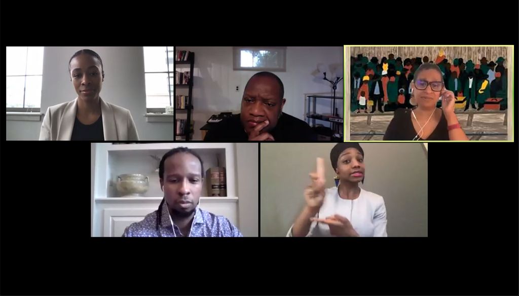 A screenshot of Ibram X. Kendi, Paula Austin, Louis Chude-Sokei, and Saida Grundy during the opening plenary of the BU Day of Collective Engagement