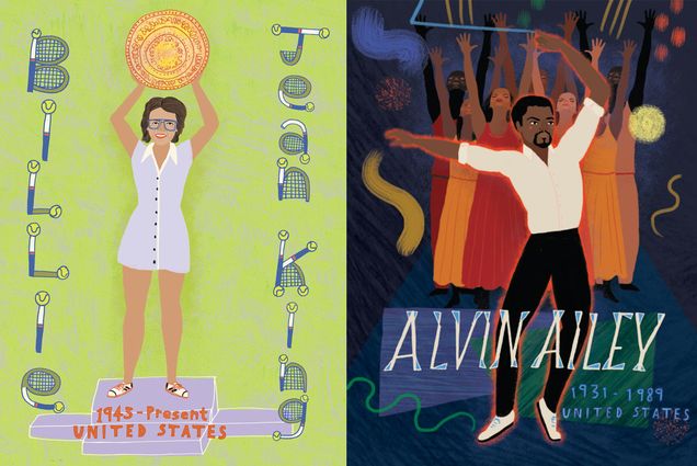 Two illustrations of Billie Jean King standing on a platform raising a medal above her head. Next, is an illustration of Alvin Ailey in a white shirt and dark pants dancing with a dance squad behind them.