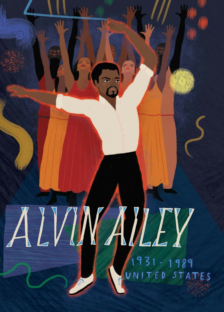 illustration of Alvin Ailey in a white shirt and dark pants dancing with a dance squad behind them. Illustration reads "1931-1989 United States"
