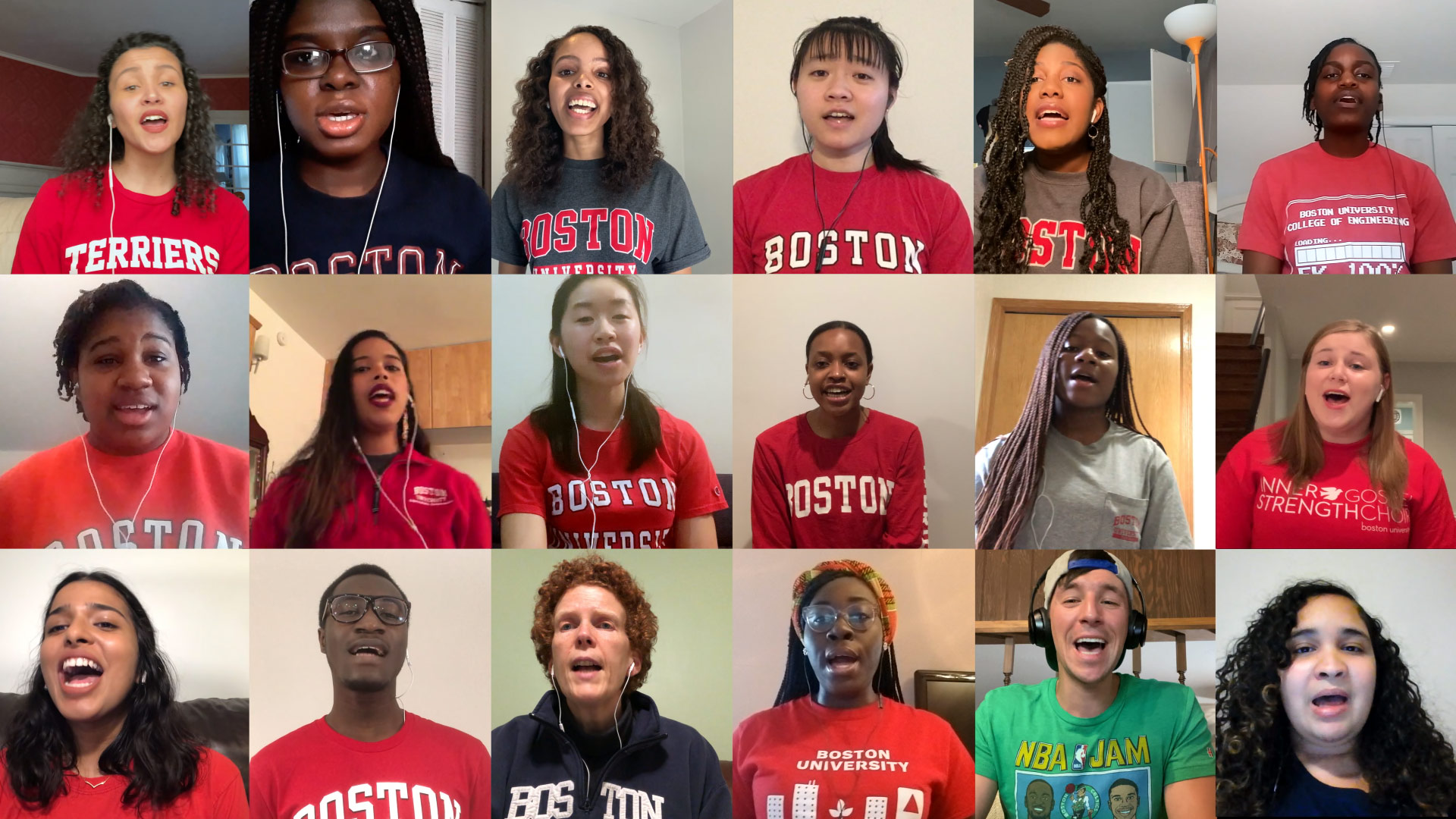 Composite image of members of BU’s Inner Strength Gospel Choir performing their “Unity Medley,” featuring songs by Alma Bazel Androzzo, Carole King, and Bill Withers. Current and former choir members recorded their parts remotely. Most students wear Boston University shirts.