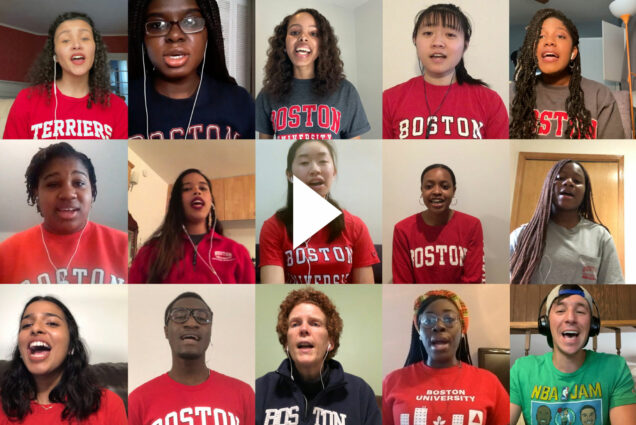 Composite image of members of BU’s Inner Strength Gospel Choir performing their “Unity Medley,” featuring songs by Alma Bazel Androzzo, Carole King, and Bill Withers. Current and former choir members recorded their parts remotely. Most students wear Boston University shirts. A white video play button is seen over the image.
