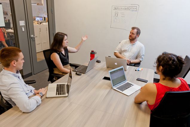 Andrew Sellars, director of the School of Law’s Technology Law Clinic, seen in a file photo meeting with students (from left) and Luke Sutherland (LAW’19), Courtney Merrill (LAW’19), and former senior program coordinator Jess Martinez.