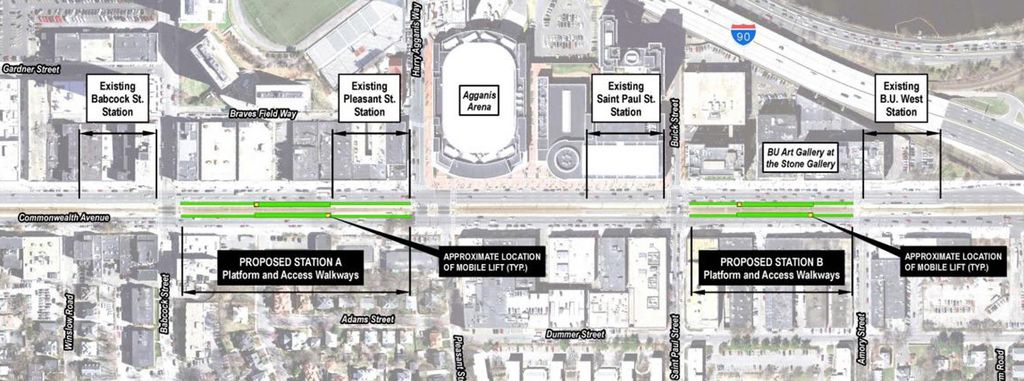 A map of the updated Green Line stops along Commonwealth Ave.