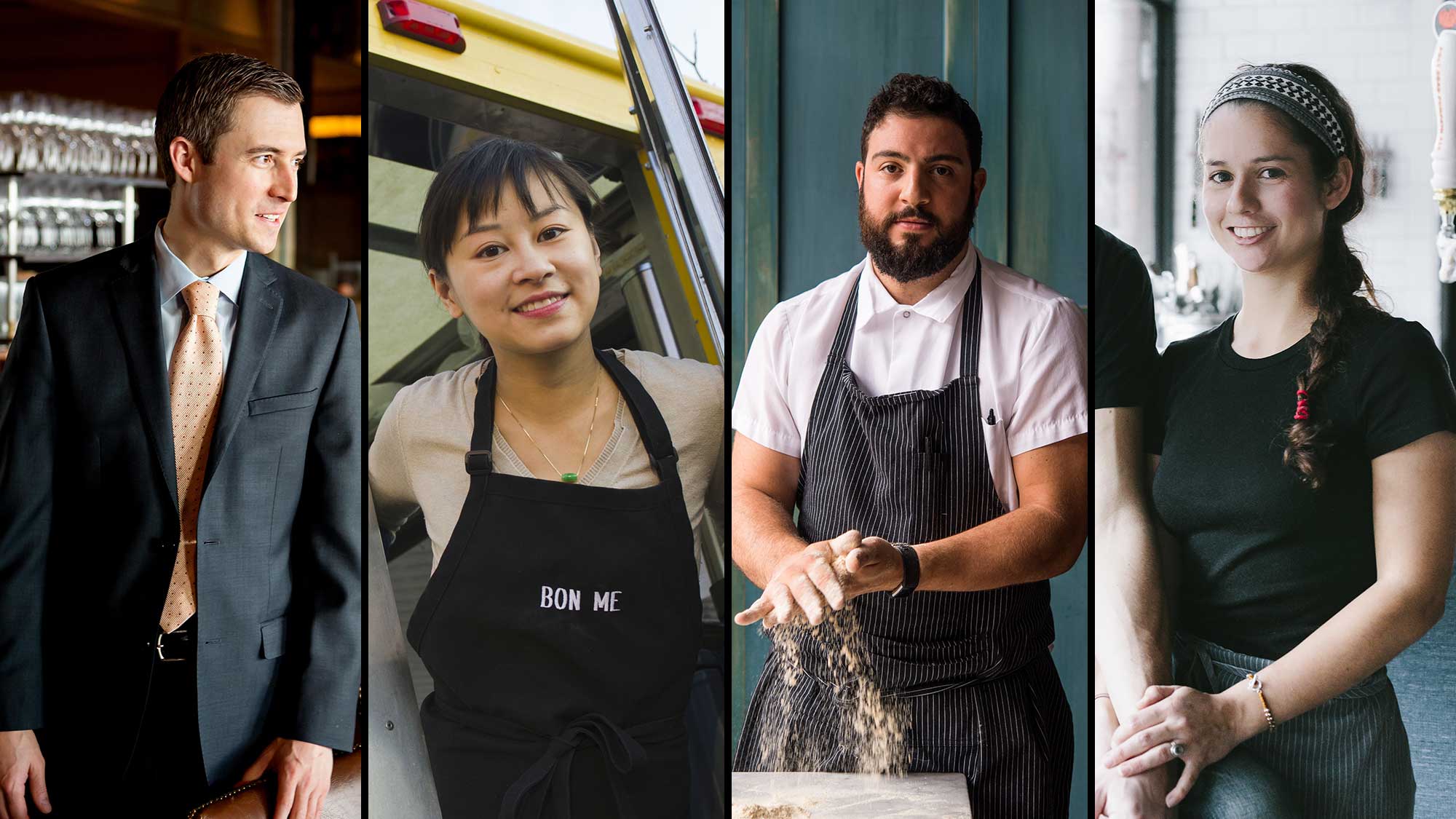Composite image of Boston restauranteurs and alumni: Andrew Holden (SHA’04), Ali Fong (CAS’01), Michael Lombardi, and Fernanda Tapia (MET’09).