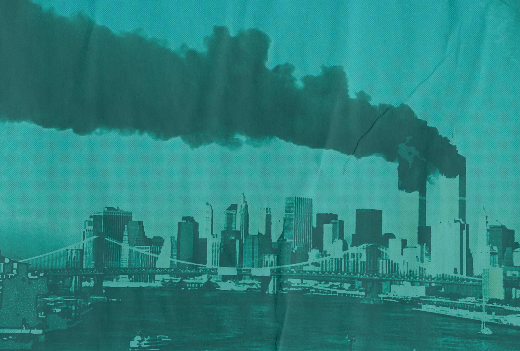 Photo of the September 11th attacks on the World Trade center with a teal overlay and printed effects.