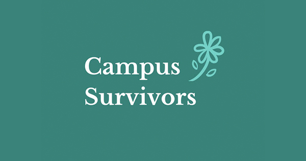 The logo for Campus Survivors, a safe place for survivors of assault, rape, or any kind of sexual harassment on Instagram, which has a light blue flower in the top right corner, on a greenish teal background.
