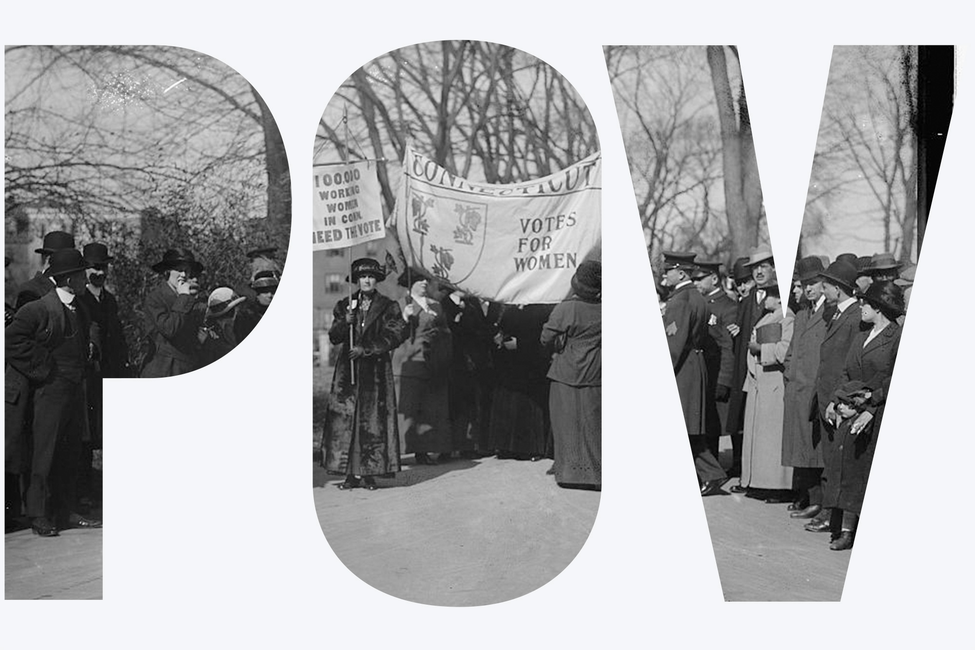 A photo of suffragettes holding a sign that reads "Votes for Women." A white text overlay reads "POV."