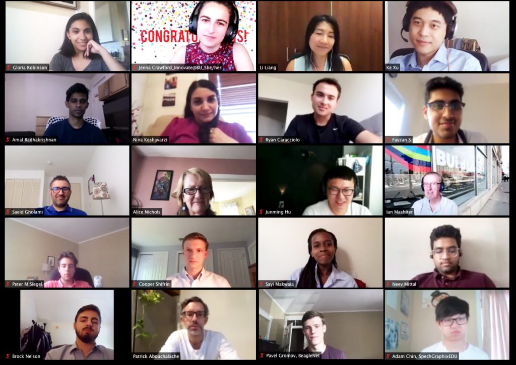 Screenshot of a zoom call in which members of the 2020 Summer Accelerator gathered for a concluding ceremony and toast on August 6.