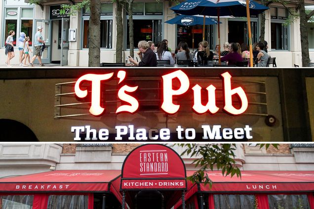 Composite image divided into three by white horizontal lines. On top, is a photo of scoozi and its patio before the pandemic. Next, is the neon sign reading "T's Pub." Finally, the Eastern Standard red awning is seen on the bottom.