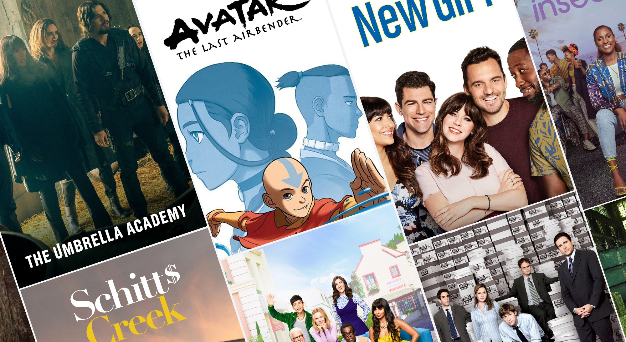 A composite photo of television show posters including for Avatar the Last Air Bender, The Office, Insecure, New Girl, and Umbrella Academy