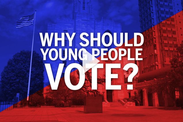 Red and blue image with embedded text that reads 'Why Should Young People Vote?'