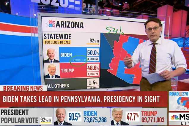 A photo of Steve Kornacki on air in front of a screen displaying the electoral map for the 2020 presidential election