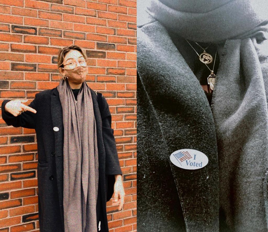 Composite image: Gabriela Yiangou shows off her “I Voted” sticker after voting for the first-time on Thursday, on the left, she wears a long brown scarf, glasses and long black coat. On the right is a close up photo of her I Voted sticker.