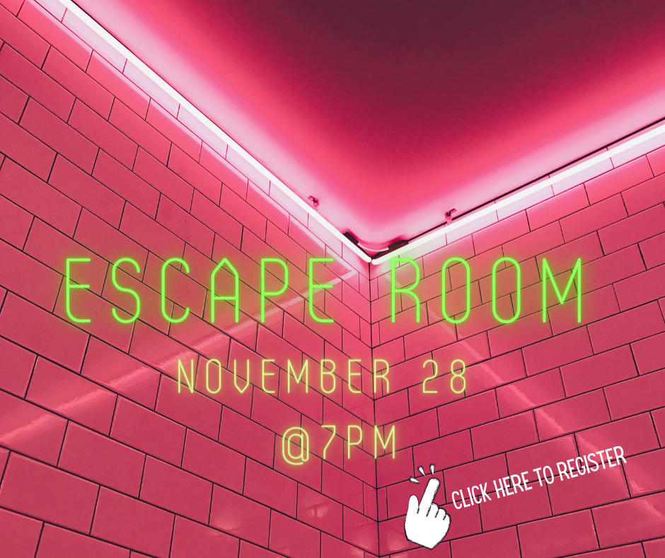 Photo of a tiled corner of a room lit up in red. Overlay written in neon writing reads “Escape Room, November 28, at 7pm”