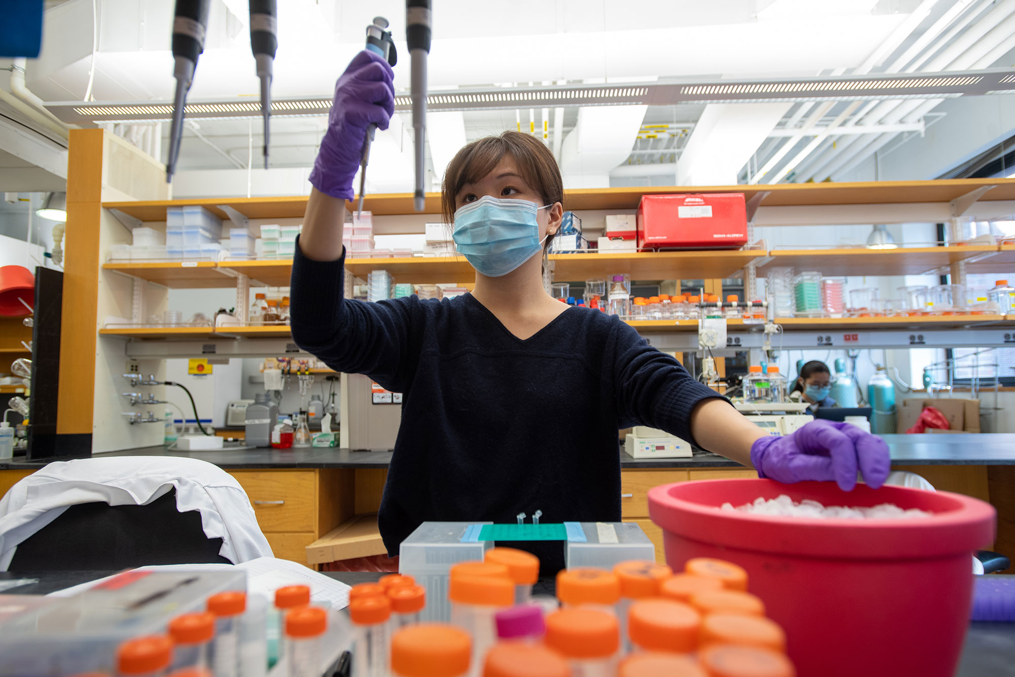 Photo of of Sunnie Kong (CAS'21, GRS'21) in a lab with a blue face mask on a she holds up a vile. She wears purple  gloves. A dozen orange-capped vials are seen in the foreground. 