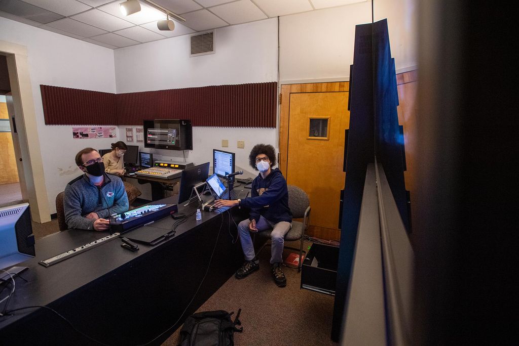Director Will Hembree (COM’20) (from left), audio producer Riley Villiers (COM’21), and producer Elias Miller (COM’21, CAS’21) collaborate on a segment for BUTV10’s Gov’t Center.