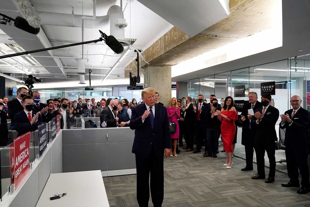 President Donald Trump talks to a crowd of supporters at his campaign headquarters in Arlington, Virginia on Election Day, November 3, 2020.