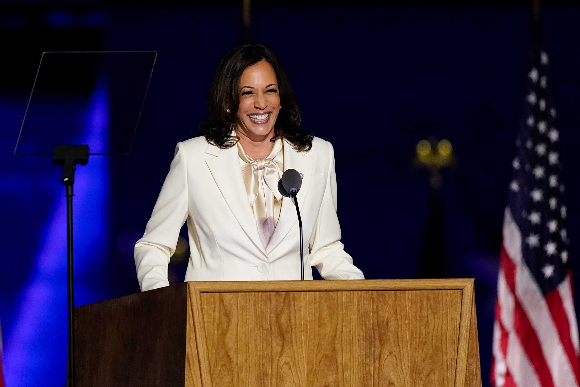 Vice President-elect Kamala Harris speaks at the Biden/Harris victory rally, Saturday, Nov. 7, 2020, in Wilmington, Del.