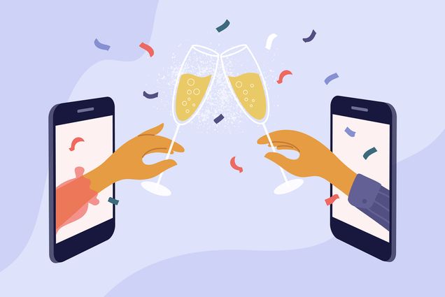 Illustration of two cellphones with hands coming out of them. The hands hold a champagne a glass and make a toast. Confetti flies around the glasses; the background is color light purple.