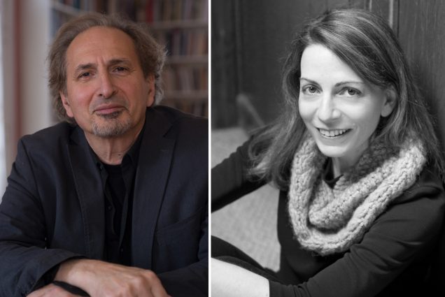 Composite image. On the left, there is a headshot of Pulitzer Prize winner Peter Balakian, who smiles slightly and crosses his hands; he wears a dark suit jacket. On the right, a black and white portrait of Susan Barba (GRS’12) in a scarf, smiling as she sits on the ground.