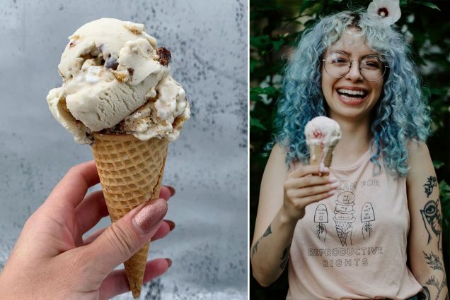 Composite image of a hand holding an icecream cone and a portrait on Hannah Spiegelman. On the left, a hand with golden nail polish holds an ice cream cone. The ice cream cone is a light brown color with chunks graham cracker and candy, named “Goonies Never Say Die.” On the right, a photo of Hannah, a young woman with round glasses, icicle-blue curly hair, wearing a pink shirt with ice cream cones and the phrase “I scream for reproductive rights.” Hannah holds a dripping ice cream cone and smiles wide, as if mid laugh. A flower bush is seen blurred behind her.