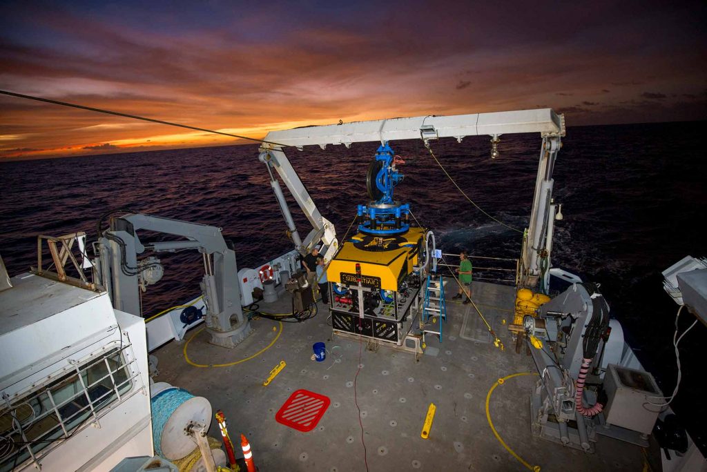 View of ROV submersible SuBastian on the deck of R/V Falkor at sunset, Phoenix Islands Protected Area