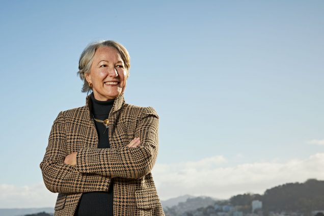 Photo of Susanne Daisley Lyons, smiling and standing in a striped blazer on top of a hill with her arms crossed. Behind her is a light blue sky and city skyline.