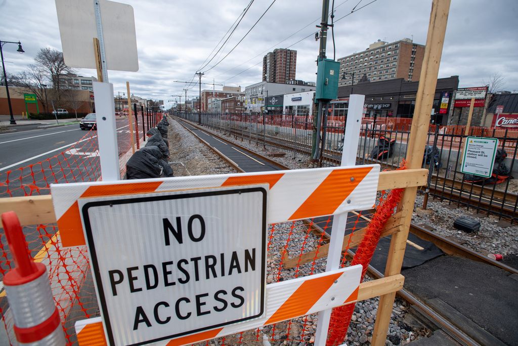 A photo of the green line b branch tracks with a construction sign in the foreground that reads "No Pedestrian Access"