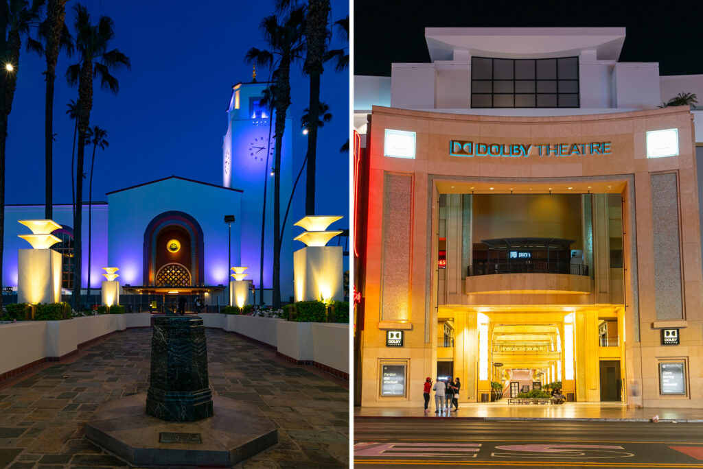 A composite of photos of the Dolby Theater and Union Station