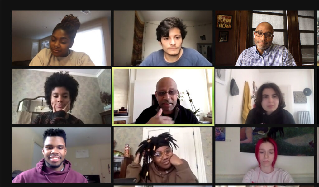 Screenshot during a zoom class in which playwright, director, and Tony Award–winning actor Ruben Santiago-Hudson (center square), who wrote the screenplay for the film adaptation of August Wilson’s drama Ma Rainey’s Black Bottom, dropped by.