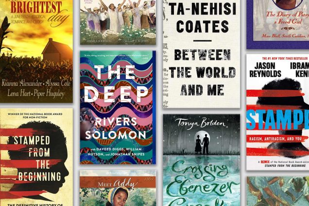 Composite image of book covers included in the juneteenth listicle, including “The Brightest Day,” “Stamped from the Beginning,“”The Deep,” “Addy: An American Girl,” “Between the World and Me,” “Crossing Ebenezer Creek,” and “Stamped: Racism, Antiracism, and You”