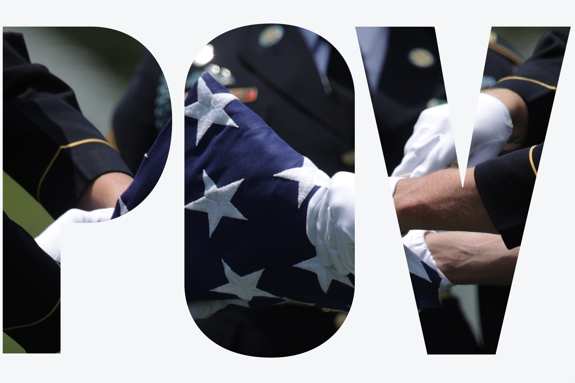 Photo taken in in Arlington, Virginia on June 6, 2019, as members of the U.S. Army’s 3rd Infantry Regiment “The Old Guard” fold a flag during the funeral of World War II Army veteran Carl Mann on the 75th anniversary of the D-Day invasion at Arlington National Cemetery. Soldiers in blue uniforms and white gloves fold an American flag together. Overlay reads "POV"