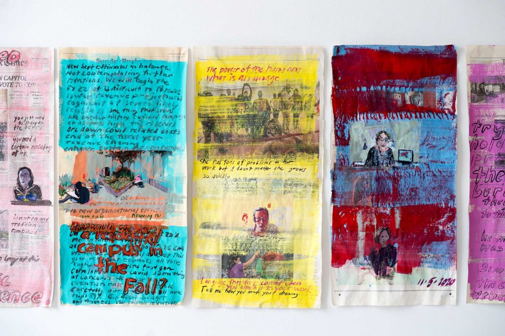 Photo of five painted pages from the NYTimes by Dana Clancy. The colors are light pink, teal, yellow, red and blue and bright pink and feature. Words include “a residential campus in the fall?” and “the power of hand and what is an image” with paintings of people drawing outside and outlines of heads.