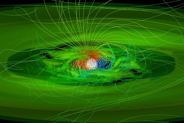 A theoretical image depicting a young star, the yellow ball in the center, eating up gas and dust particles of a protoplanetary disk, which is represented by green material surrounding the bright star. Colored lines represent the direction of the magnetic field that connects the star to the protoplanetary disk—blue represents the magnetic field moving toward Earth, red is moving away, and other colors represent directions in between.
