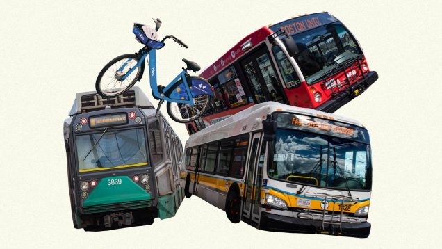 Illustration of transportation methods in Boston, including an image of the green line, an MBTA bus, the BU shuttle and a blue bike, all arranged at the center of the image on a beige background.