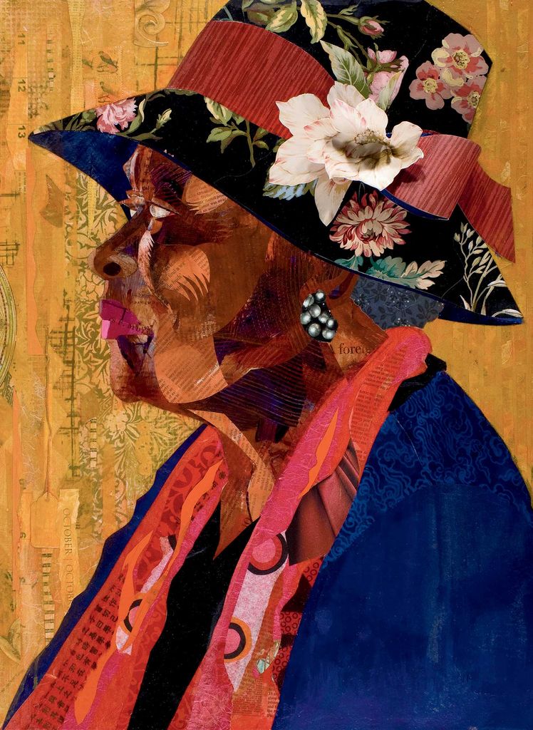 Photo of an illustration entitled , “Sufficient Grace: Ms. Ivy Beckles” which was inspired by a photograph  of a stranger Holmes took at a local restaurant. In the illustration, an older woman with a purple hate decorated with flowers and a floral print looks off the left. The illustration is made with both paint and collage. 