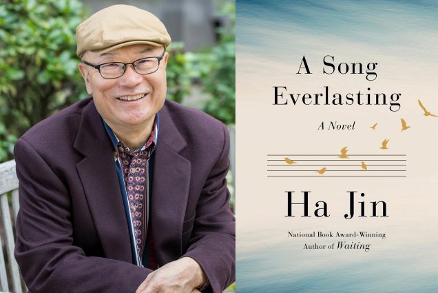 Composite image. At left, a photo of Ha Jin in a tan scally cap and purpleish suit with a red, white and blue polka dot pattern tie. He sits on the edge of a park bench and crosses his hand over the arm rest. At right, the book cover for Ha Jin’s novel, “A Song Everlasting.” The cover features a series of golden birds landing on 5 black lines and the background is blue and white watercolor. The bottom of the cover reads “National Book Award-Wining Author of Waiting”