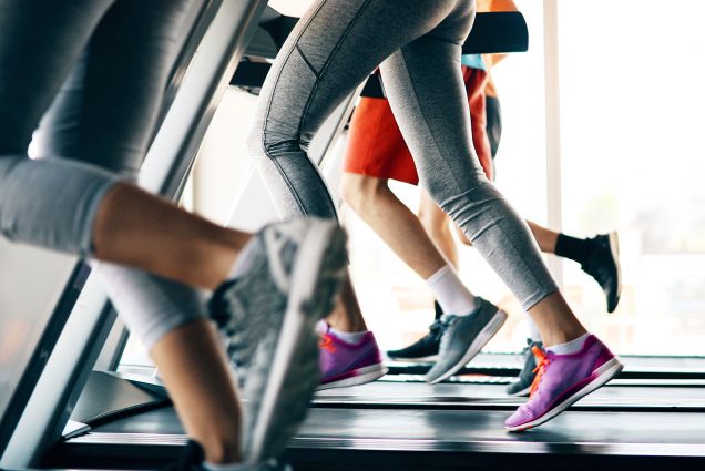 Picture of people running on treadmill in gym stock photo. They are seen from the waist down, and most of them wear gray leggings