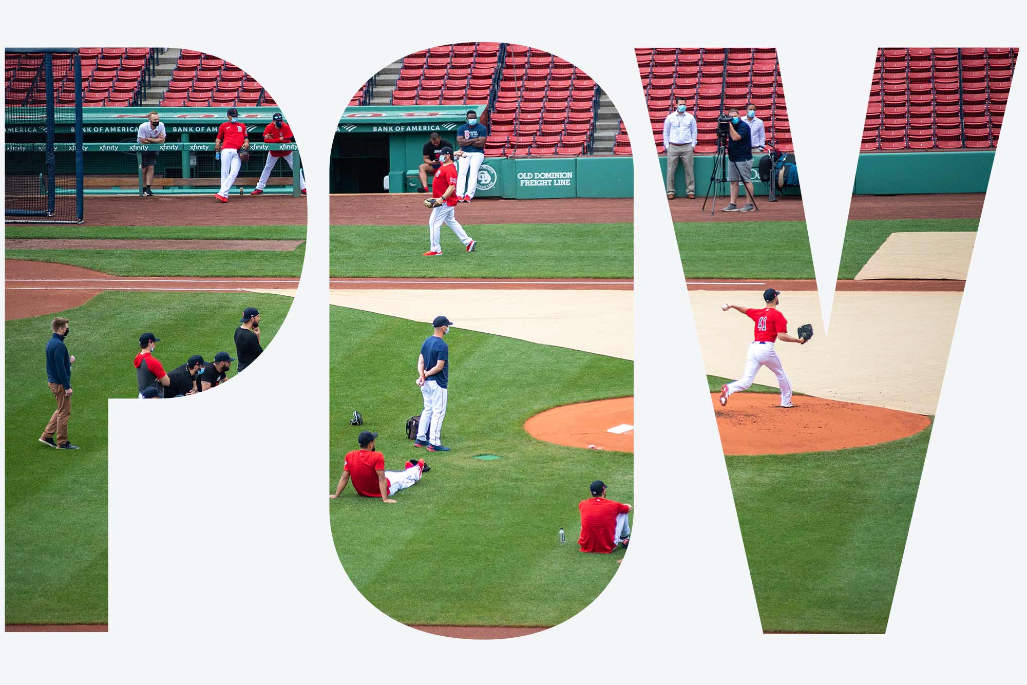 Pitcher Chris Sale practices on the mound while team mates watch. Red sox team members dressed in red and blue stand behind the mound, and Sale is seen mid pitch. The photo was taken during a practice on June 11, 2021 and the red seats in the stands are empty. Overlay reads "POV"