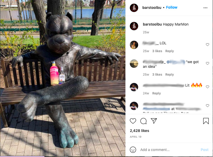 Screenshots from Barstool BU’s Instagram page. The photo features a statue of Rhett with bottles of Vodka and tequila in its lap. Comments are jovial and encouraging.
