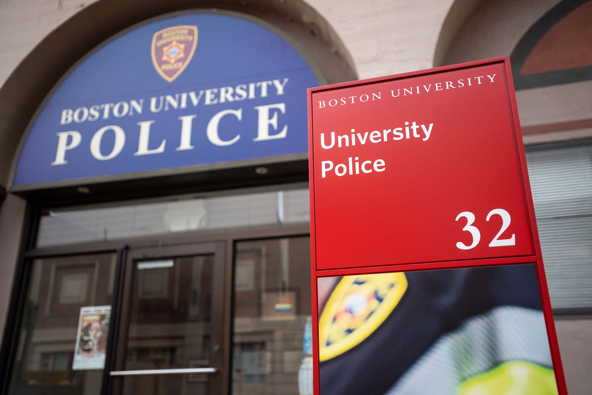 View of the entrance to the Boston University Police Department station.