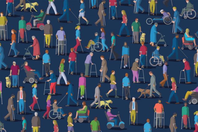 a vector image featuring people of various disabilities wandering in a crowd