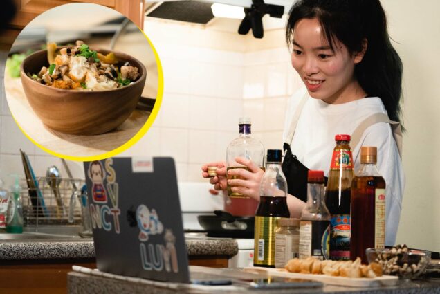 Photo of Luyi Chen (Sargent’22), looking at her laptop and smiling, as she prepares the dish sticky rice, a photo of which is seen in a small circle at the left top of the image; the dish has a yellow circle as an outline. Chen holds a bottle of oil in her hands and other ingredients she's using are seen on the island table in front of her. The dish is served in a wooden bowl and has scallions and meat floss on top.