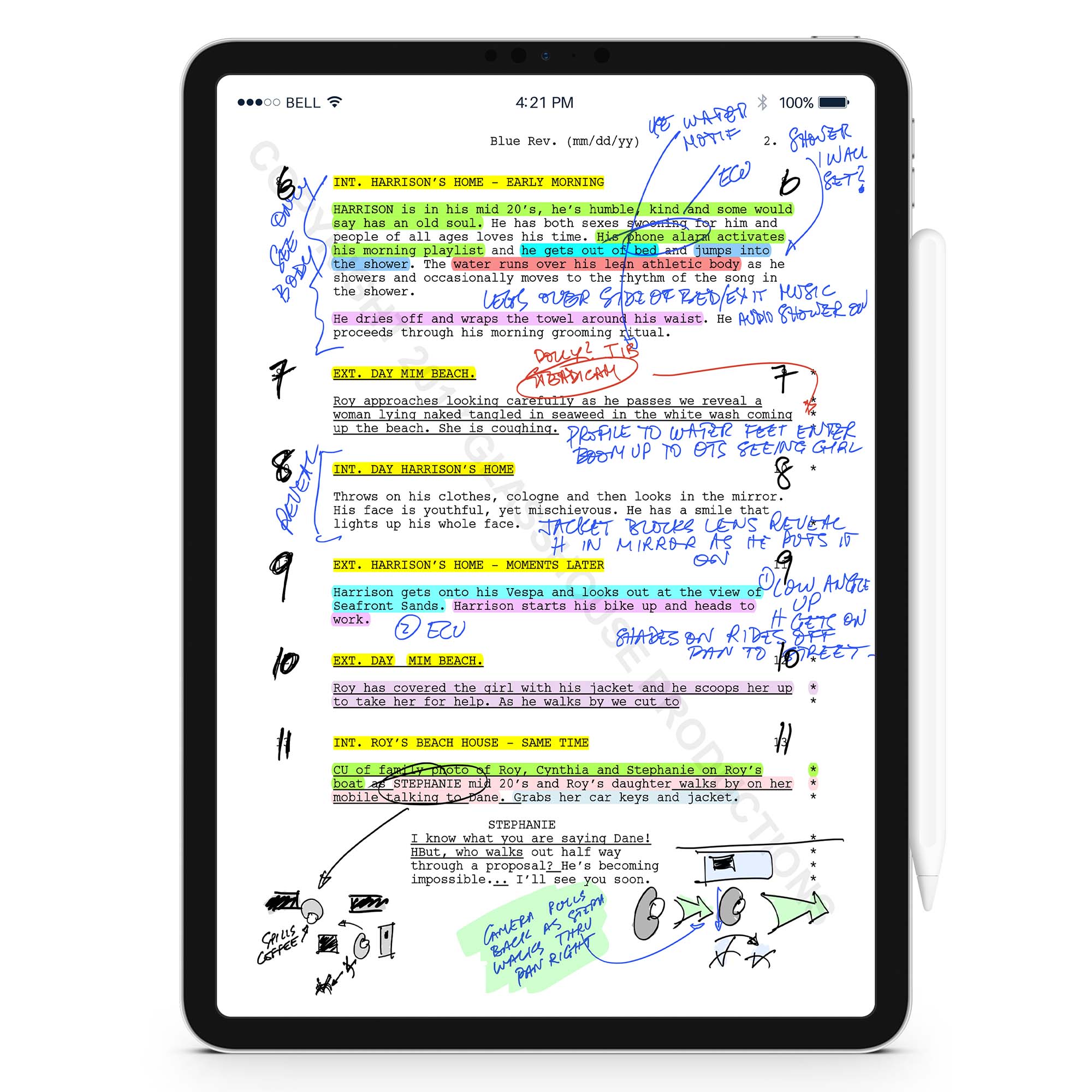 image of a page from the script of the feature Love You Like That, annotated using Scriptation by Rob Draper, director of photography. Script features a large variety of highlights and annotations in various colors and handwriting styles.