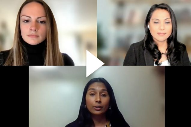 Screenshot of Kat J. McAlpine, Nahid Bhadelia, and Syra Madad talking via Zoom. All 3 look at the screen with backgrounds blurred. White triangle play button is overlaid.