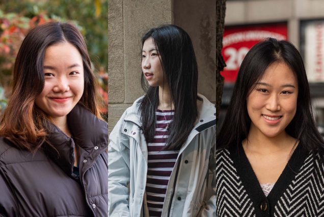 photo collage of three international Chinese students. From left to right: Kristi Li, Shilu Wang, and Yuli Wen. Shots are all taken outside on the Bu campus.